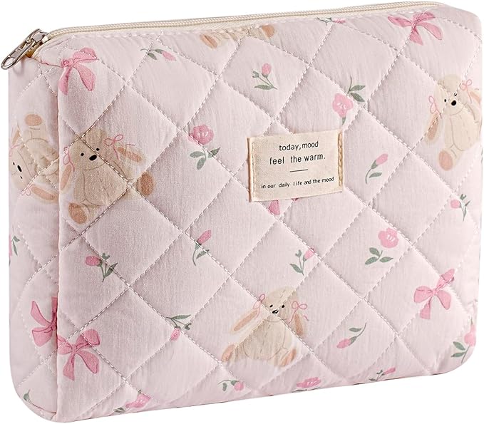 uekeboag Quilted Cotton Makeup Bag,Coquette Quilted Toiletry Bag for Women and Girls,Floral Coquette Pouch,Cute Kawaii Travel Cosmetic Bags(Rabbit and Bow)