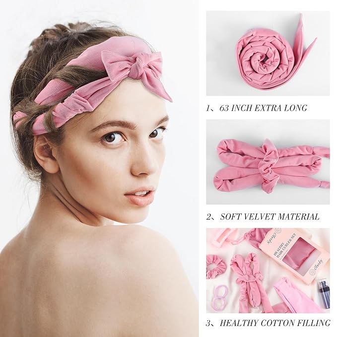 Obeoby Heatless Curls Overnight Set, No Heat Hair Curlers To Sleep In, Hair Rollers with Scrunchies and Clips for Women Long & Short Hair, pink