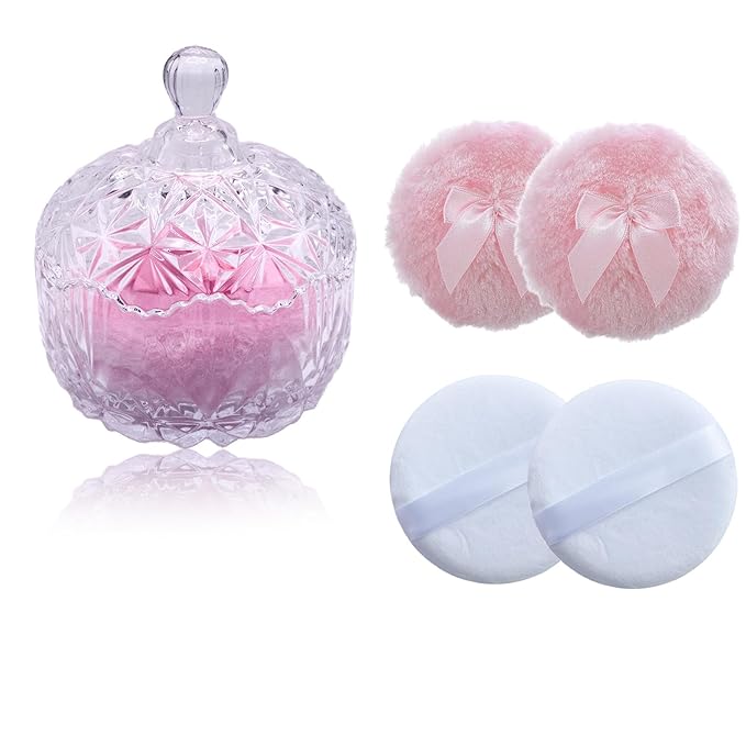 5 Pieces Large Body Powder Puff and Powder Container, Crystal Case for Dust Puff, Powder applicator with Box for Face and Body (Clear, Crown)