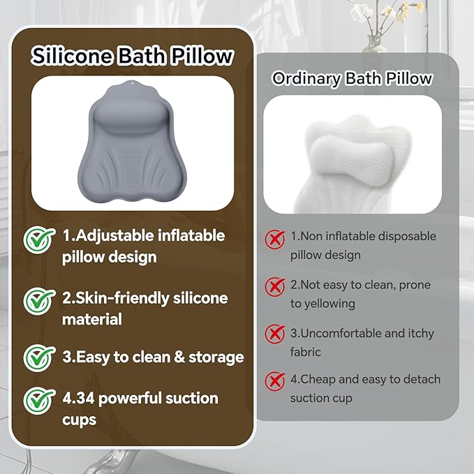 Luxury Silicone Bath Pillow for Tub, New Cloud-Soft 4D Air-Cushion Bathtub Pillow for Head and Neck & Back Support, Strong Suction Cups, Waterproof Quick-Dry Bathtub Headrest (Gray)