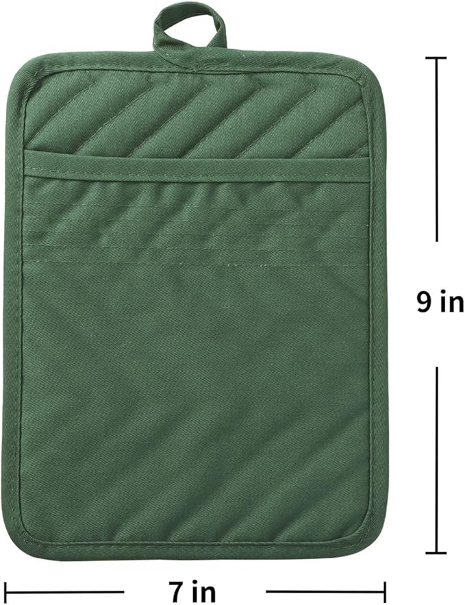 Anyi Pot Holders and Oven Mitts 7" X 9" Heat Resistant Cotton Pocket Pot Holder Set Feature of Non Slip Kitchen Hot Pad Oven Mitts, 3-Pack (Hunter Green)