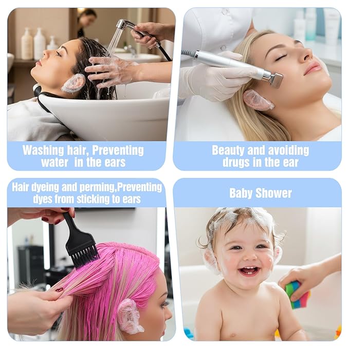 200 PCS Disposable Ear Covers for Shower, Clear Elastic Ear Shower Caps Hair Dye Ears Protectors, Ears Covers for Hair Colouring and Beauty Treatments