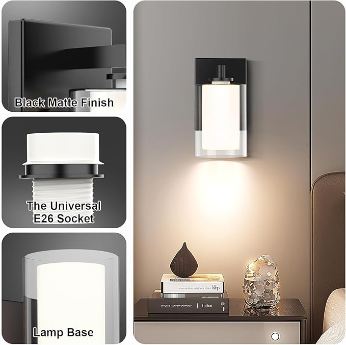 Wall Sconces Set of Two: Bathroom Sconce of 2, Black Vanity Fixtures with Double Clear Glass Shade, E26 Base Hardwired Farmhouse Wall lights for Bedroom Living Room Bathroom (Bulb not included)