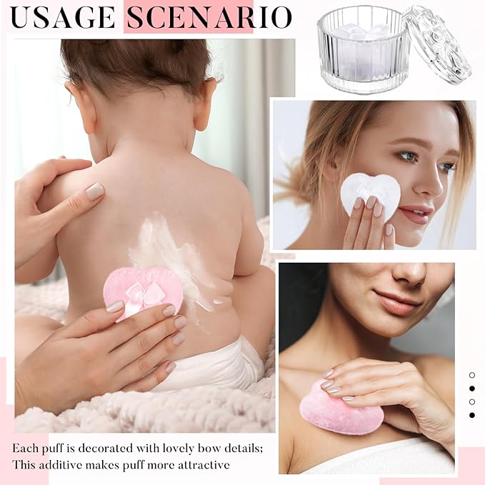 Tioncy 3 Pcs Large Body Powder Puff and Container Valentine's Day gift Powder Container with Puff Crystal Case Soft Washable Reusable Velour Face Body Glitter Wet Dry Makeup(Round Bow,Clear)