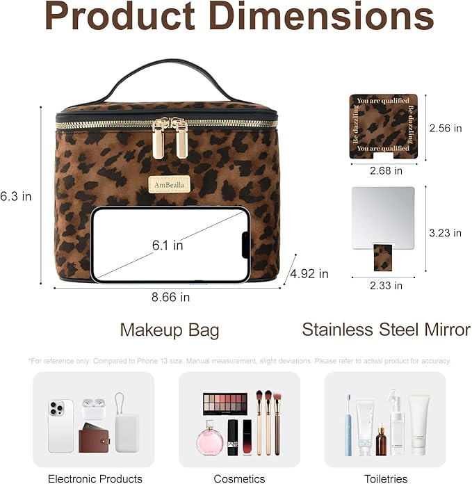 AmBealla Large Makeup Travel Bag Cosmetic Bags with Makeup Mirror and Brush Holder,Makeup Organizer Leopard Print for Women,Portable Toiletry Bag for Fashion Girls
