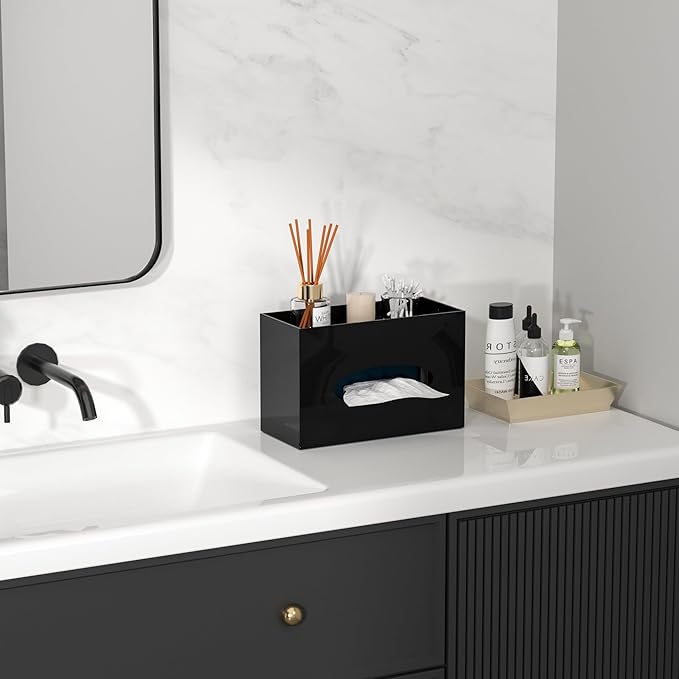 Black Acrylic Tissue Box Cover Rectangular,Acrylic Tissue Dispenser with Storage Tray for Bathroom Kitchen Home Office (Black, 9.85x4.5x6.3)