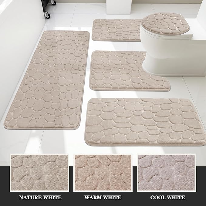YIHOUSE Bathroom Rugs Mat Set 5 Piece Khaki, Memory Foam Bath Mats Sets, Non Slip Water Absorbent Washable Bath Rugs for Sink, Toilet and Floor
