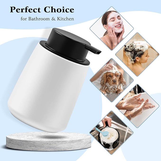 Ceramic Foam Soap Dispenser 2 Pack, 12oz White Lotion Hand Sanitizer Soap Dispenser with Easy-to-Press Pump for Bathroom & Kitchen Countertop Refillable