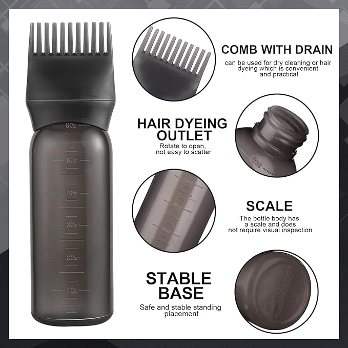 Root Comb Applicator Bottle Oil Applicator for Hair Dye Hair Oiling Bottle with 2 Types Caps and Graduated Scale, 6 Ounce (Black)