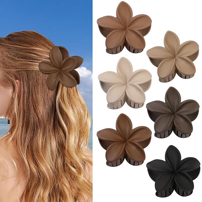 Flower Hair Clips 6 PCS Hawaiian Claw Clips for Vacation Hibiscus Hair Claw Cute Large Hair Clips for Thick and Thin Hair Plumeria Hair Accessories for Women Girls -Coffee