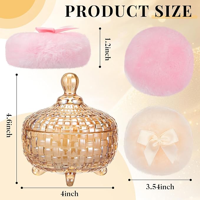 Tioncy 3 Pcs Large Body Powder Puff and Container Valentine's Day gift Powder Container with Puff Crystal Case Soft Washable Reusable Velour Face Body Glitter Wet Dry Makeup(Weave Design,Amber)