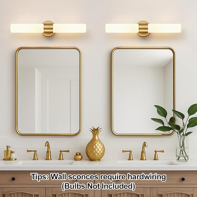 Wall Sconces Set of Two, Modern Bathroom Sconces Wall Lighting with Milky White Glass, Brushed Gold Sconces Wall Decor Set of 2 for Bathroom Mirror Bedroom Living Room Hallway (HARDWIRED)
