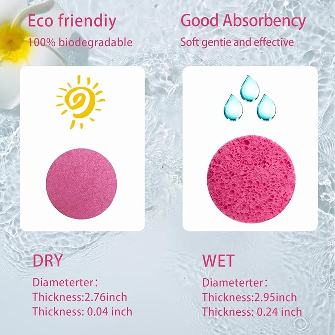 50-Count Large Compressed Facial Sponges for Estheticians,Daily Cleansing and Gentle Exfoliating- 100% Natural Cellulose Spa Sponge Perfect for Removing Dead Skin,Dirt and Makeup(Round 2.95",Pink)
