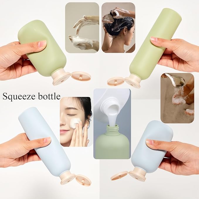 Qeuly Squeeze Bottles with Pump Dispenser and Flip Cap, 8.8 oz Refillable Travel Containers for Toiletries, Plastic Travel Shampoo and Conditioner Bottles (Blue 260)