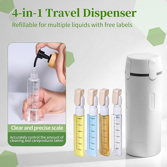 4 in 1 Travel Dispenser, 4 Pack 30ML Travel Bottles for Toiletries, Leak Proof Travel Size Containers, Portable for Shampoo Lotion Conditioner Cream, White