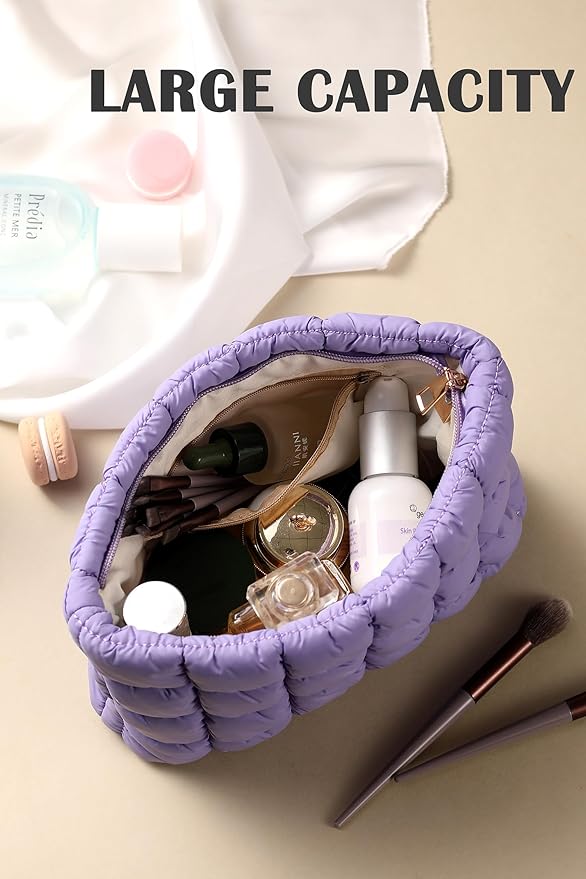 Puffy Quilted Makeup Bag for Women, Cosmetic Bag, Travel Toiletry Organizer Pouch Clutch (purple)