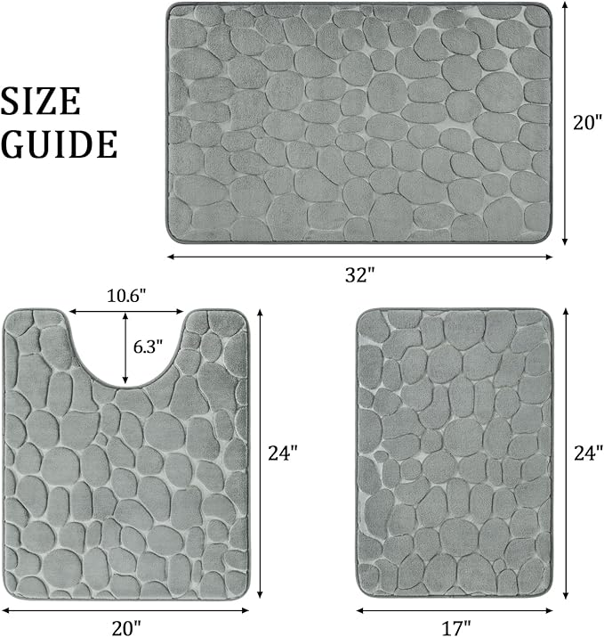 YIHOUSE Bathroom Rugs Mat Set 3 Piece Light Grey, Memory Foam Bath Mats Sets, Non Slip Water Absorbent Washable Bath Rugs for Sink, Toilet and Floor