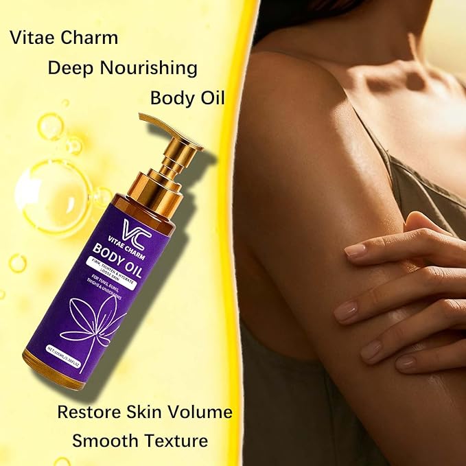 Vitae Charm Body Oil for Crepey Skin Repair, Luxury Cold-Pressed Body Oil for Skin Tightening & Deep Hydration, Blend of Jojoba, Almond & Coconut Oil for Smooth Skin, 3.4 fl oz