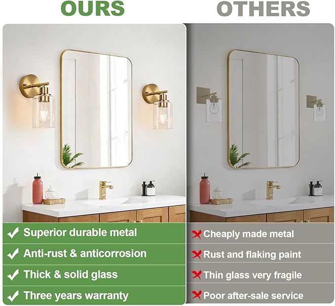 Set of 2 Wall Sconces for Bathroom, Brushed Gold Modern Vanity Lights with Clear Glass Shade,Bathroom Wall Lamp for Mirror Kitchen Living Room Hallway Cabinet Porch