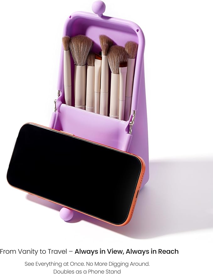 APT 1101 Makeup Brush Holder Travel Cosmetic Bag with Suction Base, Portable Cosmetic Organizer for Travel & Home, Organizer for Brushes, Beauty Tools & Accessories (Lavender)