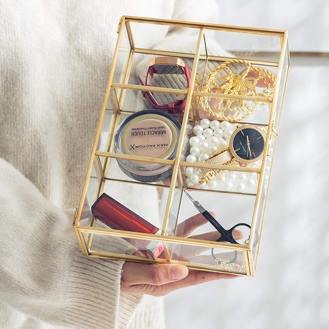 Golden Vintage Glass Box Clear Glass & Brass Metal Storage Jewelry and Cosmetic Makeup Lipstick Holder Organizer Beauty Display, 6 Compartment