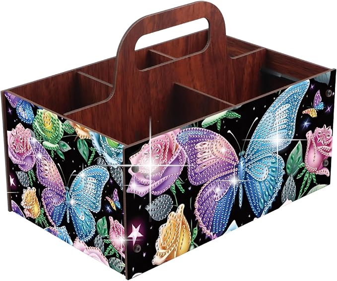 DIY Flower Diamond Art Wooden Multi-Compartment Organiser Box with Handle Diamond Painting Cosmetic Storage Box for Adult Portable Wooden Storage Case for Storing Desktop Items