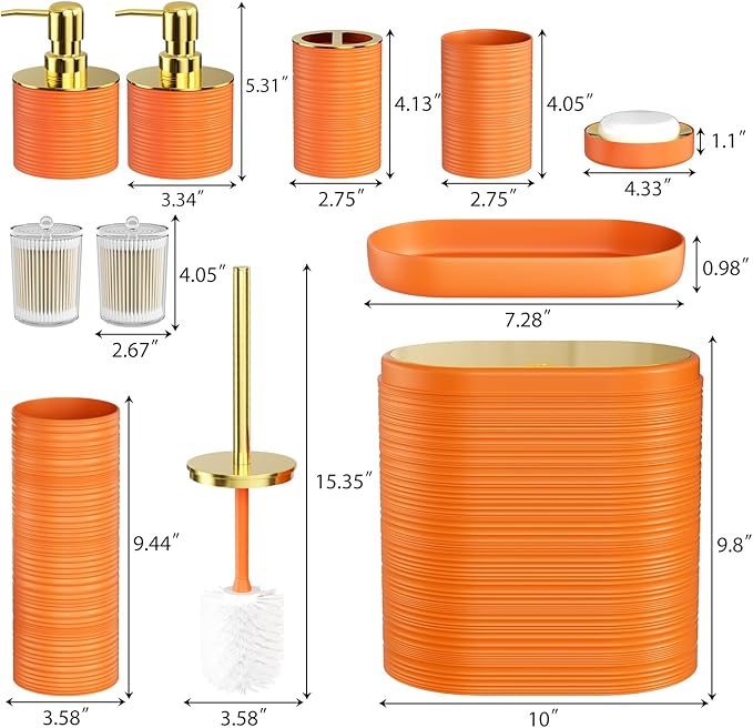 Bathroom Set, 10PC Bathroom Accessory Set, Orange Bathroom Accessories, Orange and Gold Bathroom Set with Trash Can, Soap Dispensers