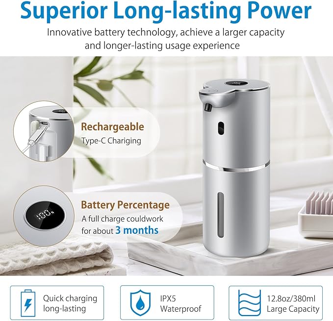 Automatic Liquid Soap Dispenser 12.8oz, Rechargeable & 6 Levels Soap Adjustable with Digital Display, Wall Mount, Waterproof, Touchless Hand/Dish Soap Dispenser for Kitchen, Bathroom, Hotel