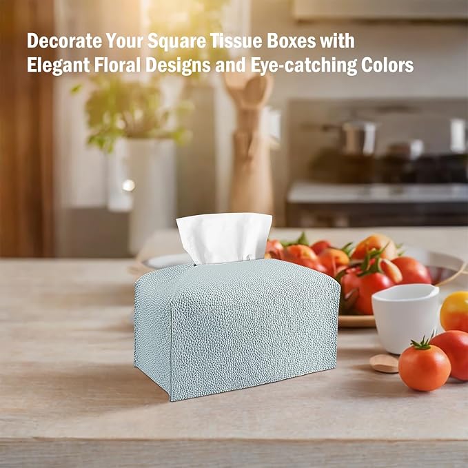 Tissue Box Cover PU Leather Tissue Holder Rectangle Facial Tissue Case Tissue Box Organizer Dispenser for Bathroom, Kitchen, Home, Office, Tabletop (Blue, Short)