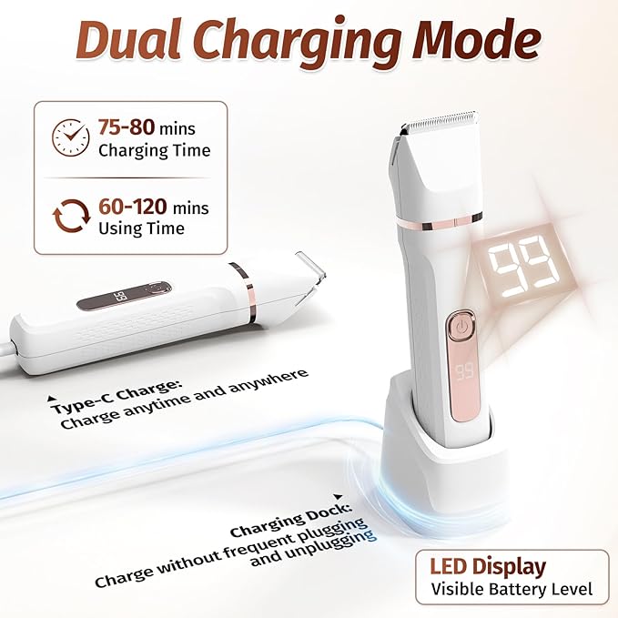 Bikini Trimmer for Women,5-in-1 Electric Razors for Women,Electric Shaver for Women's,IPX7 Waterproof Trimmer for Men Legs,with 5 Replaceable Blade Heads,USB Recharge Dock（White）