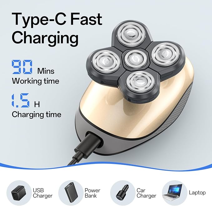 Electric Razor for Men, 5-in-1 Multi-Function Electric Shavers for Men, IPX7 Waterproof Bald Head Shaver with LED Display, Rechargeable Beard Trimmer Body Hair Trimmer, Ideal Gifts for Husband
