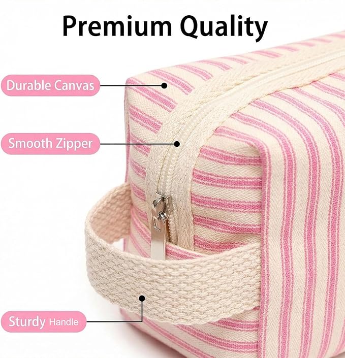 3 Pcs Canvas Makeup Bag Set Cosmetic Pouch for Women Travel Toiletry Bag Cute Makeup Organizer Purse Pouch Preppy Pencil Case with Zipper (Pink Pinstripes)