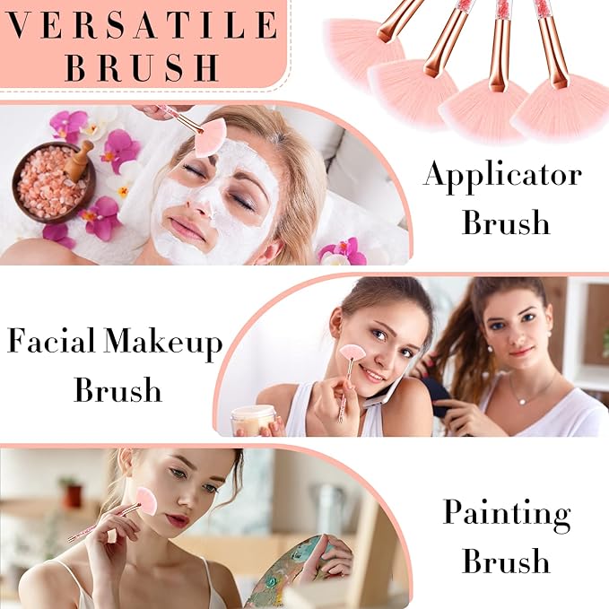 Nuenen 12 Pcs Soft Fan Facial Brushes Mask Acid Applicator Brush for Mud Cream Blush Makeup Peel Glycolic Multi Use Cosmetic Tools with Glitter Quicksand Handle and Pouch(Pink)