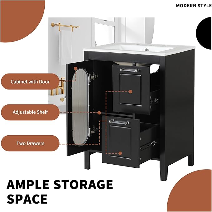 Harper & Bright Designs 24" Bathroom Vanity with Sink, Free Standing Single Basin Vanity Set with Two Drawers and Glass Door, Modern Wooden Bathroom Cabinet with Ceramic Basin for Bathroom, Black