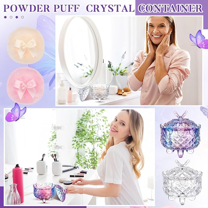 Tioncy 4 Pcs Large Body Powder Puff and Container Extra Large Body Powder Puff Dish Soft Washable Reusable Fluffy Makeup Sponge Wet Dry(Butterfly,Purple and Clear)