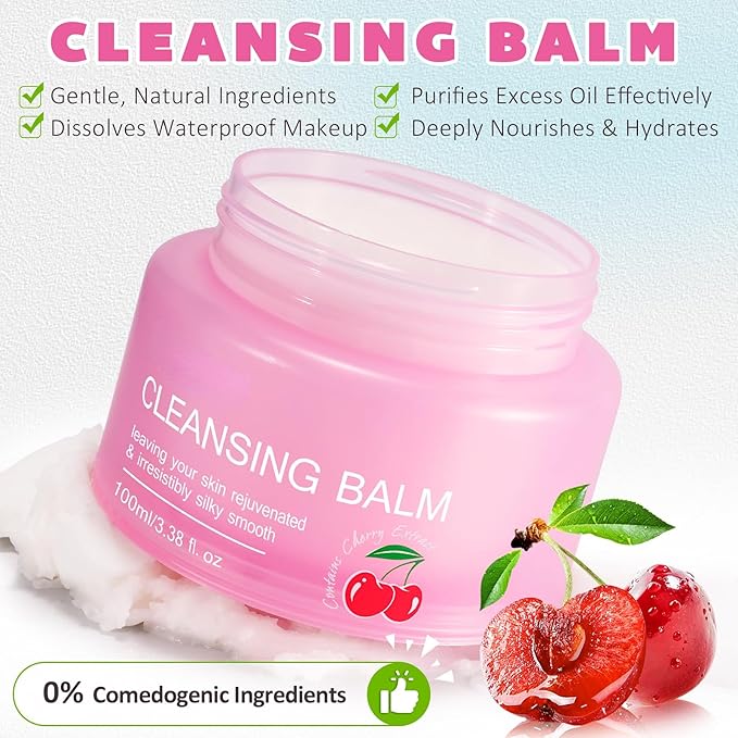 Cleansing Balm Makeup Remover - 3.38 Oz Cherry Scented Moisturizing Hydrating Deep Nourishing Travel-friendly Smooth Face Cleanser Makeup Remover Clear Cleansing Balm for All Skin Types