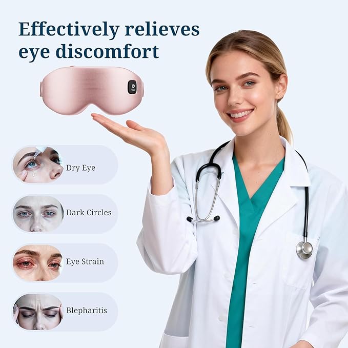 100% Silk Wireless Heated Eye Mask with Cooling - 3 Heat Settings, for Dry Eyes, Puffiness & Dark Circles - Adjustable, Washable, Travel-Friendly (Pink)
