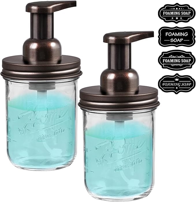 SheeChung Mason Jar Foaming Soap Dispenser, Glass Foaming Hand Soap Dispensers, Stainless Steel Lid, Refillable Foam Soap Dispenser for Bathroom Kitchen, Farmhouse Bathroom Decor (2 Pack, Bronze)