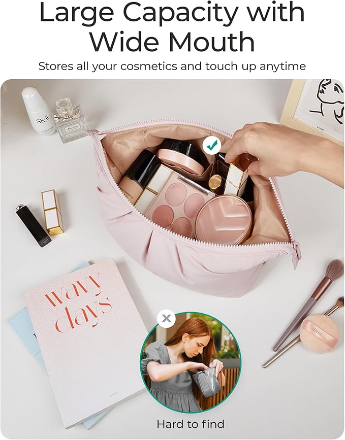 BAGSMART Makeup Bag Travel Makeup Bag, Cute Make Up Bag, Large Capacity Cosmetic Bags for Women, Wide-open Makeup Pouch Travel Essentials Toiletries Accessories Brushes (Nude Pink)