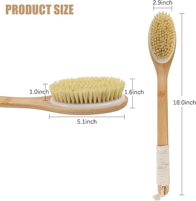 OWIIZI Back Scrubber Brush for Shower,Curved Extra Long Handle Bamboo Stiff Bristle Body Brush for Exfoliating,Natural Agave Stiff Sisal Shower Scrubber for Back Use Wet or Dry-17.9inches
