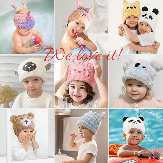 Microfiber Hair Towel Wrap for Kids, Yellow Bear Dry Hair Cap Suck Water, Absorbent Quick Girls Boys Hair Drying Towel, Lightweight Bouncy Hat Headscarf