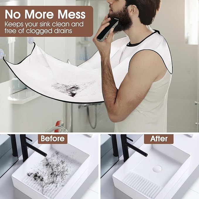 Father's Day Gifts from Daughter Son Wife, Beard Bib Hair Catcher for Sink, Beard Cape Trimming Catcher, Gifts for Men Dad Husband, Waterproof Non-Stick Beard Trimmer with 4 Suction Cups(White)