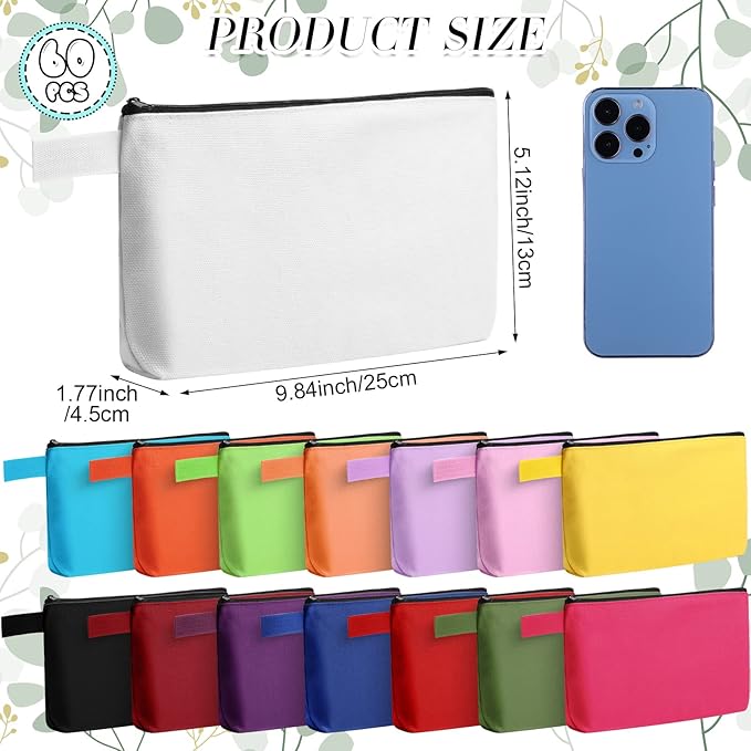 Reginary 60 Pcs Multicolor 60 Pieces Canvas Makeup Bags Bulk Portable Travel Cosmetic Pouch Multipurpose Blank Toiletry Bag with Zipper for Women DIY Craft (9.8 x 5 x 2 Inch)