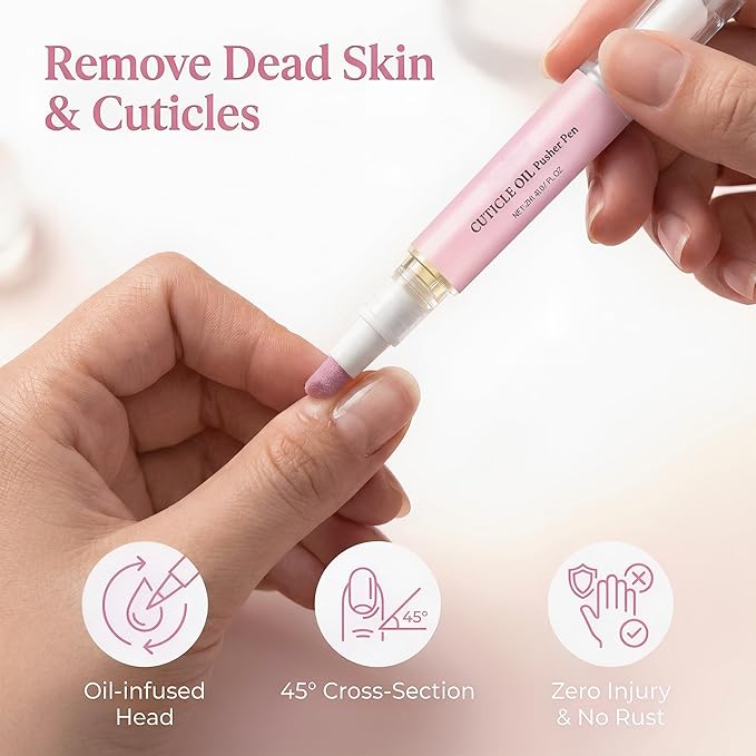 Ceramic Cuticle Pusher & Nail Oil Pen, 2-in-1 Nail Care Tool for Sensitive or Damaged Nails, Gentle Hangnail Remover, Portable Nail Pen with Stainless Steel Cuticle Cleaner (Pink)
