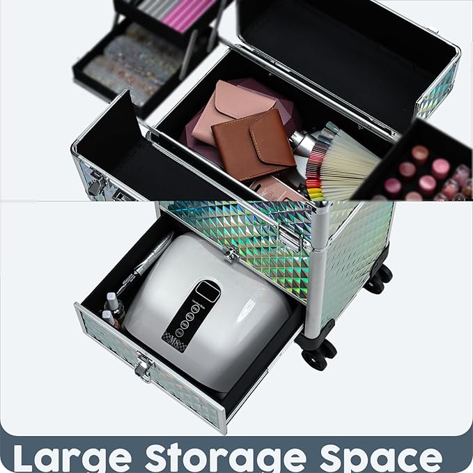 Hododou Blue Rolling Makeup Case with Drawer Travel Trolley Cosmetology Case on Wheel Makeup Storage Salon Barber Case Traveling Cart Trunk for Cosmetologist Nail Tech Hairstylist