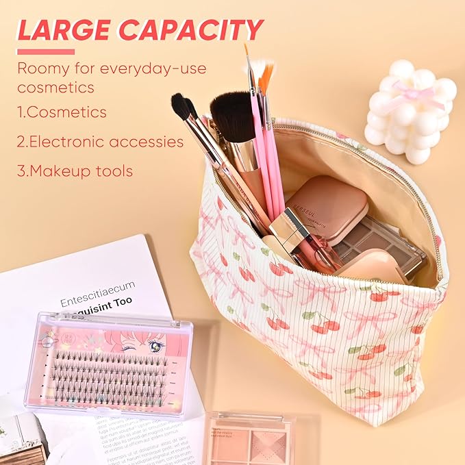 Cute Cherry Makeup Pouch for Women Small Make Up Bag for Purse Zipper Initial Makeup Cosmetic Bags Pouches for Purse Aesthetic Travel Toiletry Bags, Pink Cherries Bows