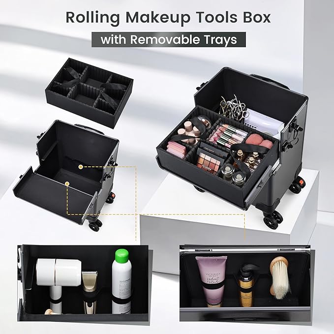 5 in 1 Makeup Train Case, Cosmetology Case on Wheels Travel Make up Case Rolling Nail Cart Makeup Organizer Cosmetic Storage Box Cases Extra Large Trolley Truck, 360° Swivel Wheels, Ashy Grey