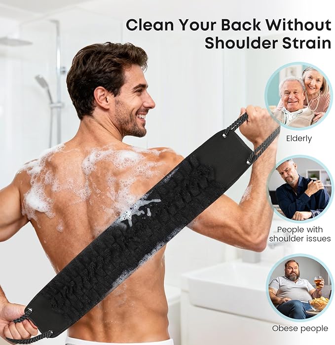 Back Scrubber with Handles for Shower, Wider 40 Inches Dual-Sided Back Washer with Exfoliating Texture and Loofah for Men, Women and Elderly, Bath Back Exfoliator Body Cleaner for Deep Cleansing