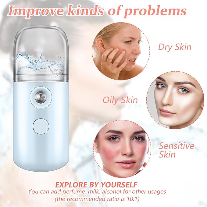 Mudder 4 Pcs Nano Facial Mister Handy Nano Mist Sprayer 30ml Visual Water Tank Portable Face Steamer Mini USB Mister for Lash Extensions, Skin Care, Makeup(Black, Blue, Light Pink, Pink)