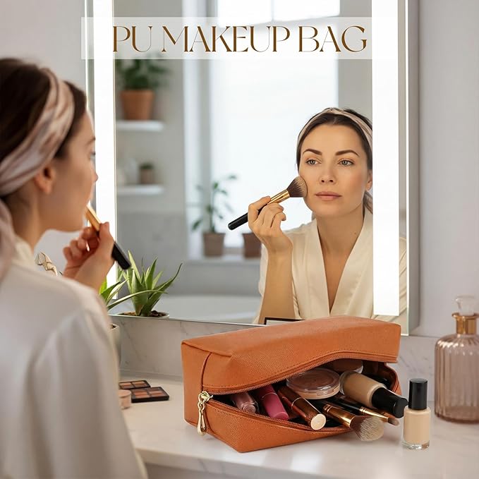 Kigeli 15 Pcs Aesthetic Makeup Bags PU Leather Cosmetic Pouches Waterproof Plain Toiletry Bags Makeup Pouches Bulk for Women Party Gift Travel Storage Organizer(Orange Brown)